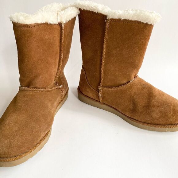 SO Sigma Chestnut Suede Leather Fur Lined Boot Button Detail Tan Cream Size 8 - Picture 7 of 9